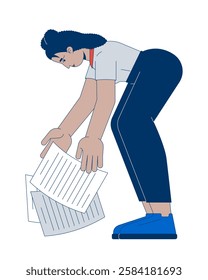 Clumsy female hispanic employee dropping documents 2D cartoon character. Office worker woman collecting scattered papers isolated person flat vector on white background. Spot illustration colorful