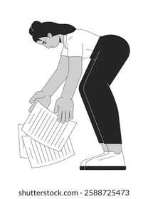 Clumsy female hispanic employee dropping documents black and white 2D line character. Office worker woman collecting scattered papers isolated vector outline person. Monochromatic spot illustration