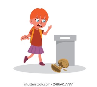 clumsy girl breaks valuable jar, child breaks work of art. vector illustration.