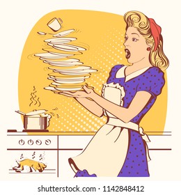 Clumsy housewife with retro clothes drops dishes and overlooked roast chicken in an oven.Vector color illustration