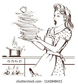 Clumsy housewife with retro clothes drops dishes and overlooked roast chicken in an oven.Vector graphic illustration