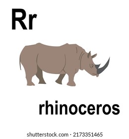 A clumsy huge rhinoceros, a gray skin and a terrible horn, jungle and savannah, ABC children's banner. Postcards, a poster with the alphabet.  Game room design. Vector