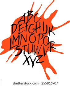 Clumsy ink alphabet with bright splash on background. Vector font