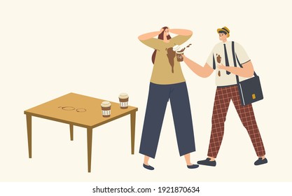 Clumsy Male Character Spill Coffee on Woman T-shirt Put Stains on Clothes. Stressful Situation, Clumsiness, Accident in Office. Man in Trouble with Drink Splash. Cartoon People Vector Illustration