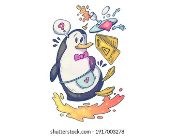 A Clumsy Penguin Waiter. Creative Cartoon Illustration. Picture For Print, Advertising, Applications And T-shirt Print.