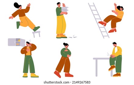 Clumsy people unexpected accidents, male and female characters fall down from ladder or stool, smash dishes, hit foot, elbow or head by furniture. men or women getting injury Line art flat vector set