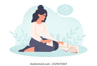 Clumsy Person Collecting Dropped Business Documents From Floor. Female Office Employee Collects Scattered Sheet Of Paper. Frustrated Entrepreneur Sitting On Knees. Cartoon Flat Vector Illustration