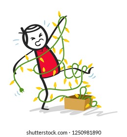 Clumsy stick man in red shirt tangled up in Christmas lights isolated on white background