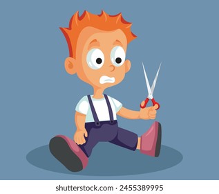 
Clumsy Toddler Using Scissors Unsupervised Vector Cartoon illustration. Child being at risk playing with sharp objects at home
