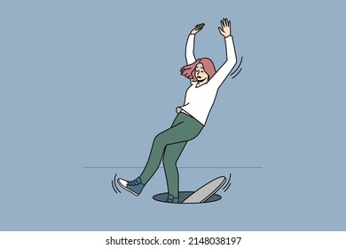 Clumsy unlucky woman fall in open hatch feel scared distressed with unpleasant accident. Female dangerous event or misfortune outdoors. Concept of risky affair or failure. Vector illustration. 