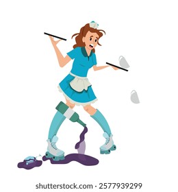 Clumsy waitress wearing roller skates and dropping dishes and bottle, workplace accident. vector illustration.