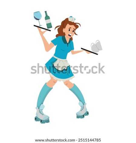 Clumsy waitress wearing roller skates and dropping dishes and bottle, workplace accident. vector illustration.