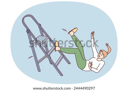 Clumsy woman falls off stepladder during repairs and risks injury and hospitalization with fracture. Concept violation of safety rules when using stairs leading to accident