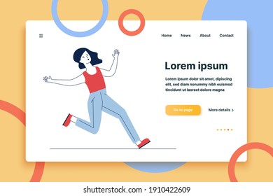 Clumsy woman running on wet floor. Cartoon female character slipping and falling flat vector illustration. Risk, failure, hurt concept for banner, website design or landing web page