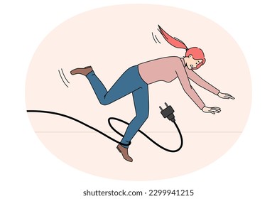 Clumsy woman stumble with power cable falling on floor. Graceless female fall down having injury or trauma because of accident. Caution or warning. Risk and challenge concept. Vector illustration.