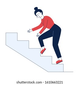 Clumsy woman stumbling over step. Cartoon character walking upstairs flat vector illustration. Injury, caution, warning concept for banner, website design or landing web page