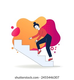 Clumsy woman stumbling over step. Cartoon character walking upstairs flat vector illustration. Injury, caution, warning concept for banner, website design or landing web page