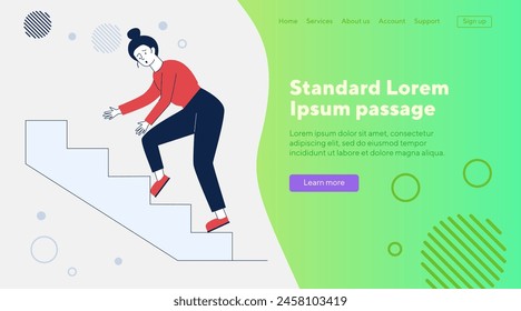 Clumsy woman stumbling over step. Cartoon character walking upstairs flat vector illustration. Injury, caution, warning concept for banner, website design or landing web page