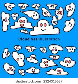Clunds Set Illustration. Nubes aisladas sobre un fondo azul. Simple diseño de dibujos animados. Colección de iconos o logotipos.