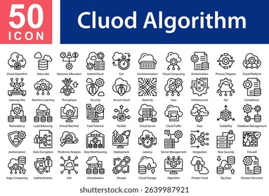 Cluod Algorithm Collection of Icons with Outline Style Containing: Cloud Algorithm,Data Lake,Resource Allocation,Hybrid Cloud,SLA,Containerization ,Cloud Computing,Orchestration,Process Diagram,Cloud 