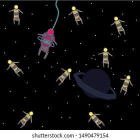 A cluster of astronauts in outer space. Behind them is the planet Saturn.
