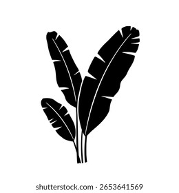Ein Haufen Bananen- oder Palmenblätter als solide schwarze Silhouette. Ein einfaches Grafiksymbol für tropische, Dschungel- und Sommerdesigns.