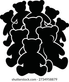 Cluster of black teddy bear silhouettes with white outlines on white background stuffed animal