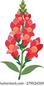A cluster of bright red snapdragons in full bloom, complemented by lush green leaves. This botanical illustration is perfect for natural and decorative themes.