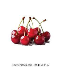 A cluster of bright, vibrant red cherries, perfectly ripe and juicy, isolated.