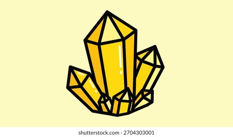 Ein Haufen hellgelber Kristalle mit scharfen geometrischen Facetten und schwarzen Umrissen vor einem einfarbigen, hellgelben Hintergrund.