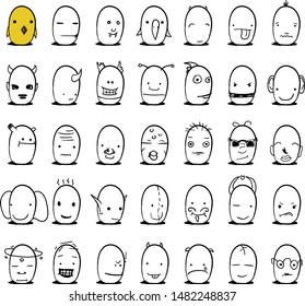 A cluster of cartoonish round characters in the form of faces. One of them is a yellow chick.