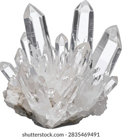 A cluster of clear quartz crystals on a rocky base
