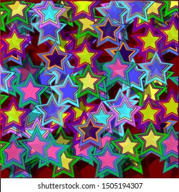 A cluster of colored stars on a red background. Many sharp shapes have transparency. There are shadows under them.