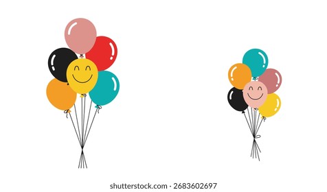 A cluster of colorful balloons featuring happy smiley faces floats upwards with streamers.