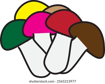 A cluster of colorful cartoon mushrooms with different colored caps