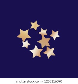 Cluster of colorful stars. Isolated gradient stellar elements. Brass metal glitter. Holiday celebration luminous glossy vector template for celebration decoration