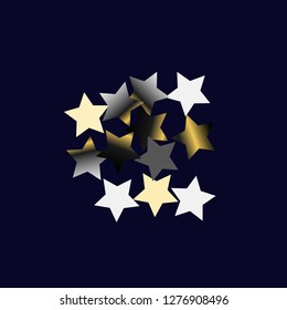 Cluster of colorful stars. Isolated gradient stellar elements. Platinum chrome metal shine. Holiday celebration luminous vector template for decorations, packaging, posters.