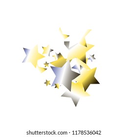 Cluster of colorful stars scattered. Isolated yellow blue white  grey  gradient stellar elements. Iridescent glitter festive  celebration vector  template for celebration decorations, packaging.