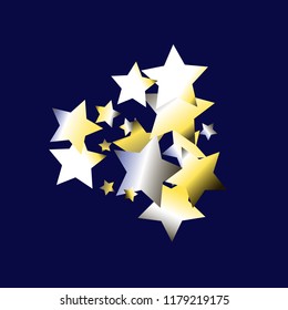 Cluster of colorful stars scattered. Isolated yellow blue white  grey  gradient stellar elements. Iridescent glitter festive  celebration vector  template for celebration decorations, packaging.