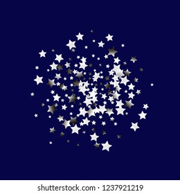 Cluster of colorful stars scattered. Isolated gradient celestial elements. Silver metal glitter. Holiday celebration luminous glossy vector template for decorations