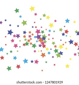 Cluster of colorful stars scattered. Isolated rainbow colors stellar elements. Holiday celebration vector background for decorations.
