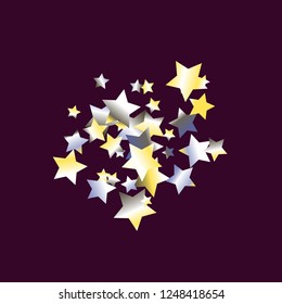Cluster of colorful stars scattered. Isolated yellow blue white  grey  gradient stellar elements. Festive iridescent holographic shine effect vector template for celebration decorations, packaging.