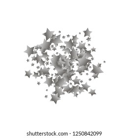 Cluster of colorful stars scattered. Isolated gradient celestial elements. Silver metal shine. Holiday celebration luminous glossy vector template for decorations