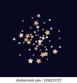 Cluster of colorful stars scattered. Isolated gradient celestial elements. Brass metallic gloss. Holiday celebration luminous glossy vector template for celebration decoration
