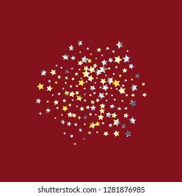 Cluster of colorful stars scattered. Isolated yellow blue white  grey  gradient stellar elements. Iridescent glitter festive  celebration vector  template for celebration decorations, packaging.