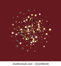 Cluster of colorful stars scattered. Isolated gradient celestial elements. Platinum chrome metallic gloss. Holiday celebration luminous vector template for decorations, packaging, posters.