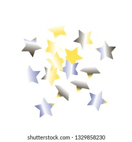 Cluster of colorful stars scattered. Isolated yellow blue white  grey  gradient stellar elements. Holiday celebration luminous glossy vector template for celebration decorations, packaging.