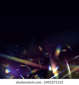 A cluster of colors, bright rays of the spectrum. Glare on a lens, glass, jewelry, or gemstone. Vector realistic illustration set of light leak effect with spectrum glare, prism refraction.	