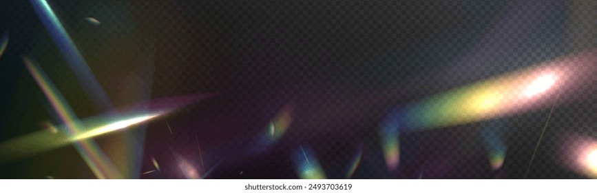 A cluster of colors, bright rays of the spectrum. Glare on a lens, glass, jewelry, or gemstone. Vector realistic illustration set of light leak effect with spectrum glare, prism refraction.	
