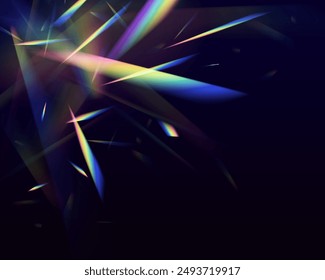 Un cúmulo de colores, rayos brillantes del espectro. Resplandor en una lente, vidrio, joyería o piedra preciosa. Conjunto de ilustración realista de Vector de efecto de fuga de luz con deslumbramiento de espectro, refracción de prisma.	
